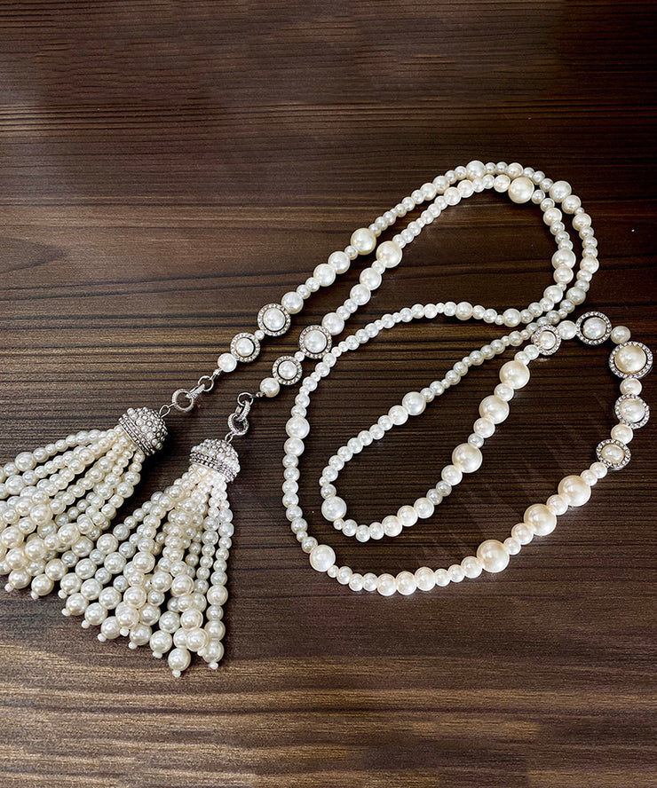 Chic White Sterling Silver Zircon Double Layer Pearl Tassel Gratuated Bead Necklace