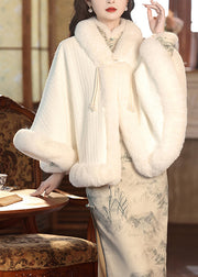 Chic White Tassel Fur Collar Patchwork Warm Fleece Cape Spring