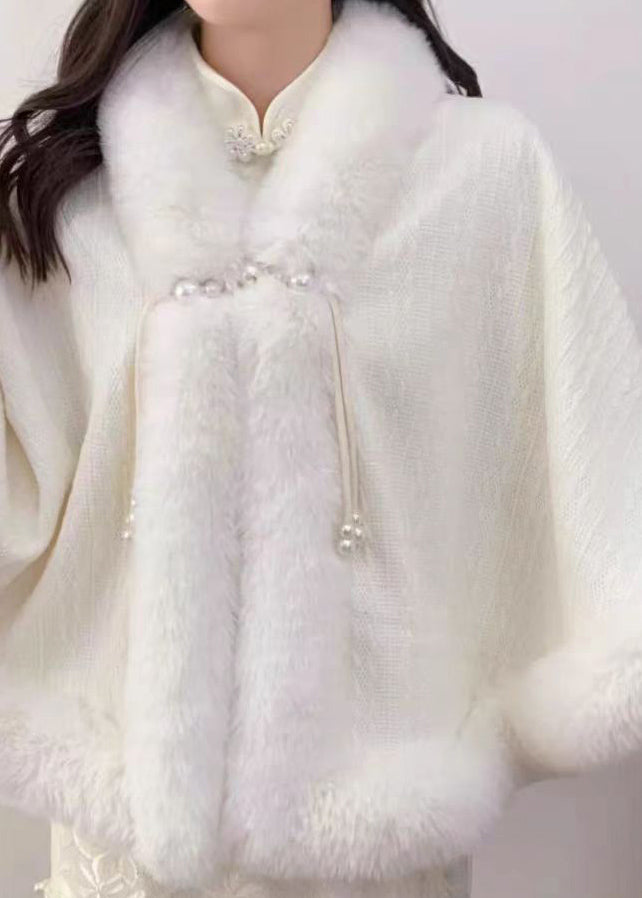 Chic White Tassel Fur Collar Patchwork Warm Fleece Cape Winter