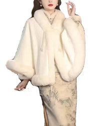 Chic White Tassel Fur Collar Patchwork Warm Fleece Cape Spring