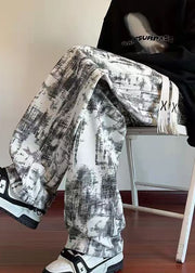 Chic White Tie Dye Elastic Waist Warm Fleece Men Pants Spring