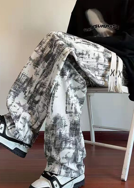 Chic White Tie Dye Elastic Waist Warm Fleece Men Pants Spring