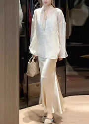 Chic White Top And Skirts Silk Two Piece Suit Set Spring