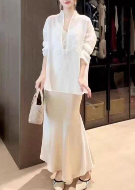 Chic White Top And Skirts Silk Two Piece Suit Set Spring