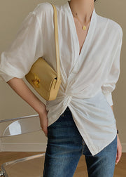 Chic White V Neck Asymmetrical Patchwork Cotton Shirt Tops Long Sleeve