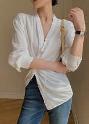 Chic White V Neck Asymmetrical Patchwork Cotton Shirt Tops Long Sleeve