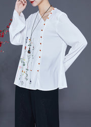 Chic White V Neck Asymmetrical Print Chiffon Shirt Spring