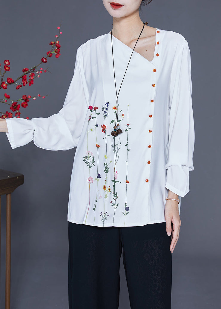 Chic White V Neck Asymmetrical Print Chiffon Shirt Spring