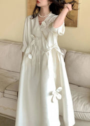 Chic White V Neck Floral Lace Up Cotton Long Dress Summer