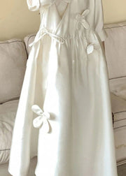 Chic White V Neck Floral Lace Up Cotton Long Dress Summer