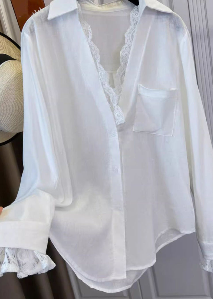 Chic White V Neck Lace Patchwork Shirts Spring