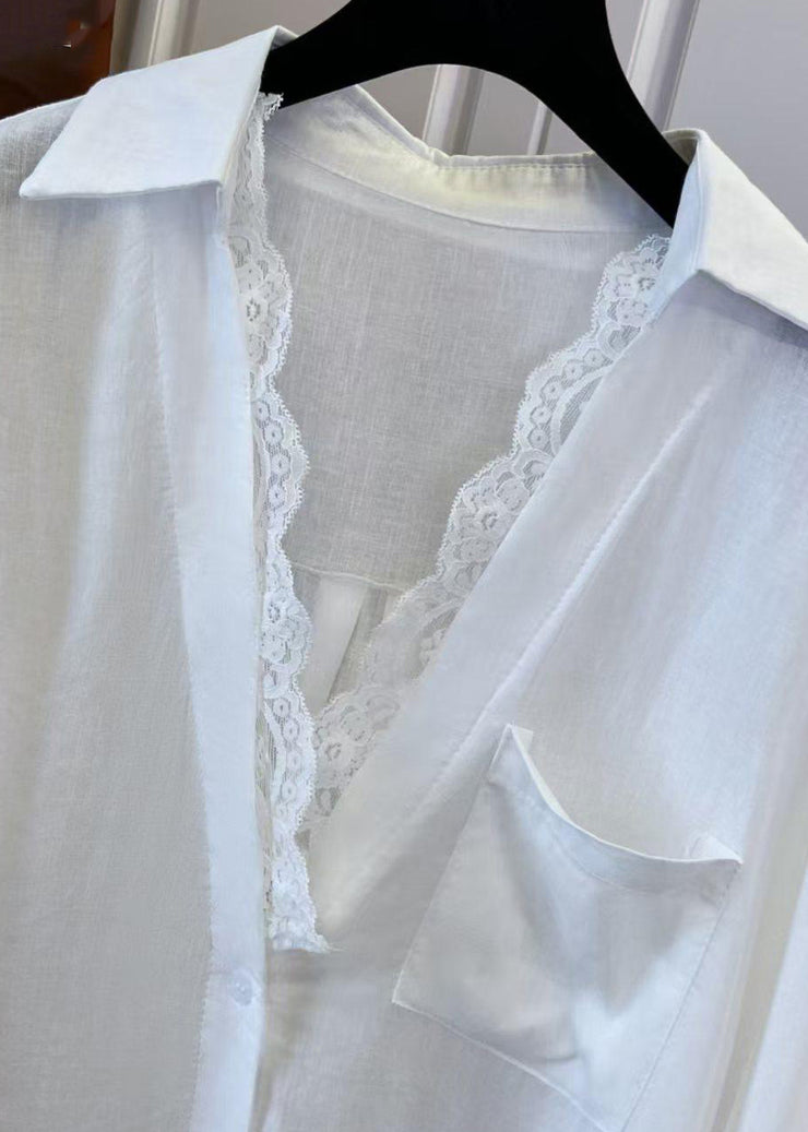 Chic White V Neck Lace Patchwork Shirts Spring