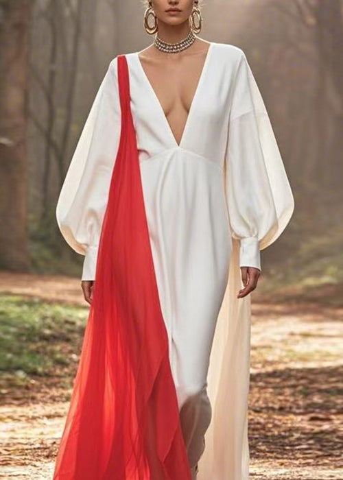 Chic White V Neck Patchwork Silk Dress Lantern Sleeve