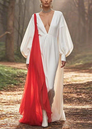 Chic White V Neck Patchwork Silk Dress Lantern Sleeve