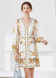 Chic White V Neck Print Chiffon Mid Dress Spring