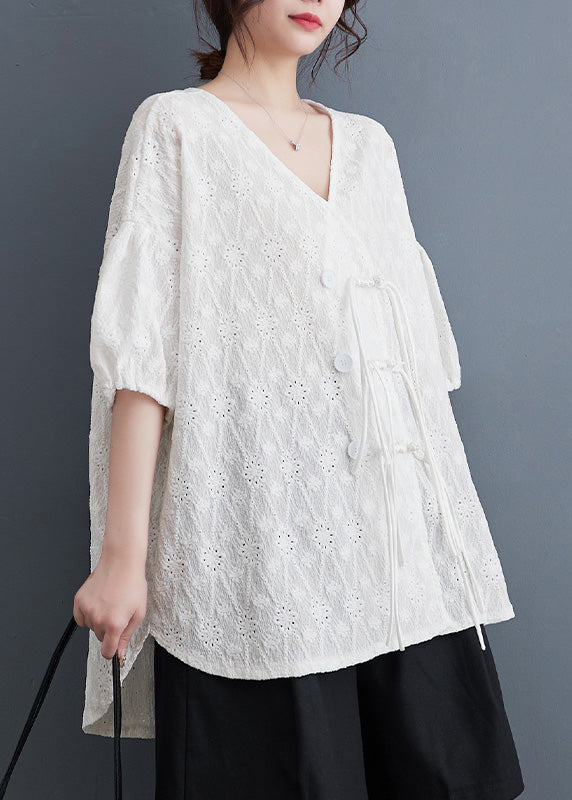 Chic White V Neck Print Tassel Solid Lace Shirt Summer