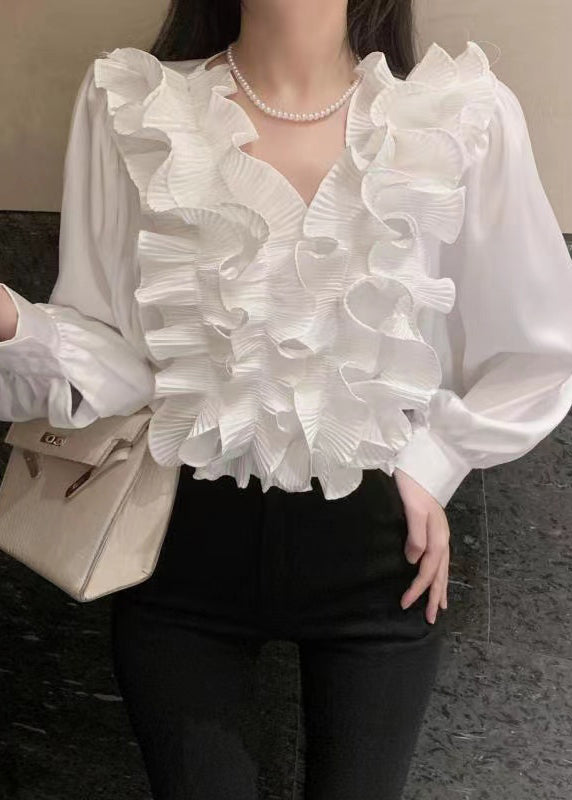 Chic White V Neck Ruffled Solid Chiffon Blouses Spring