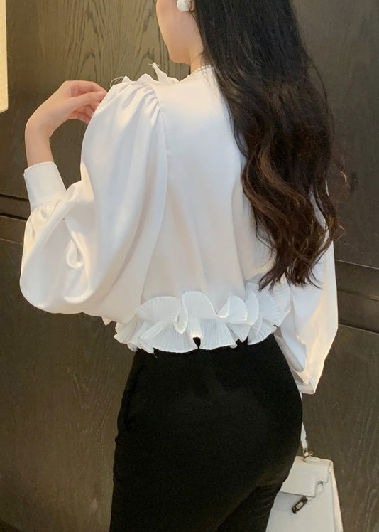 Chic White V Neck Ruffled Solid Chiffon Blouses Spring