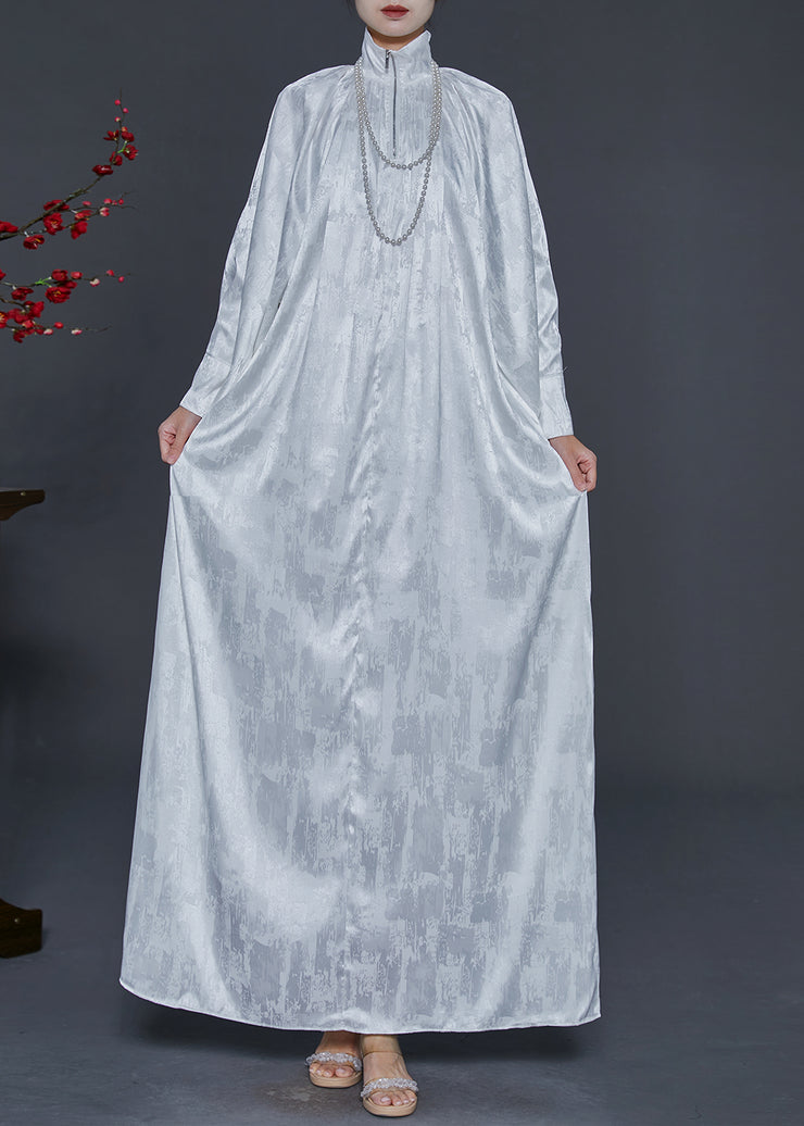 Chic White Zip Up Jacquard Wear On Both Sides Silk Long Dress Fall