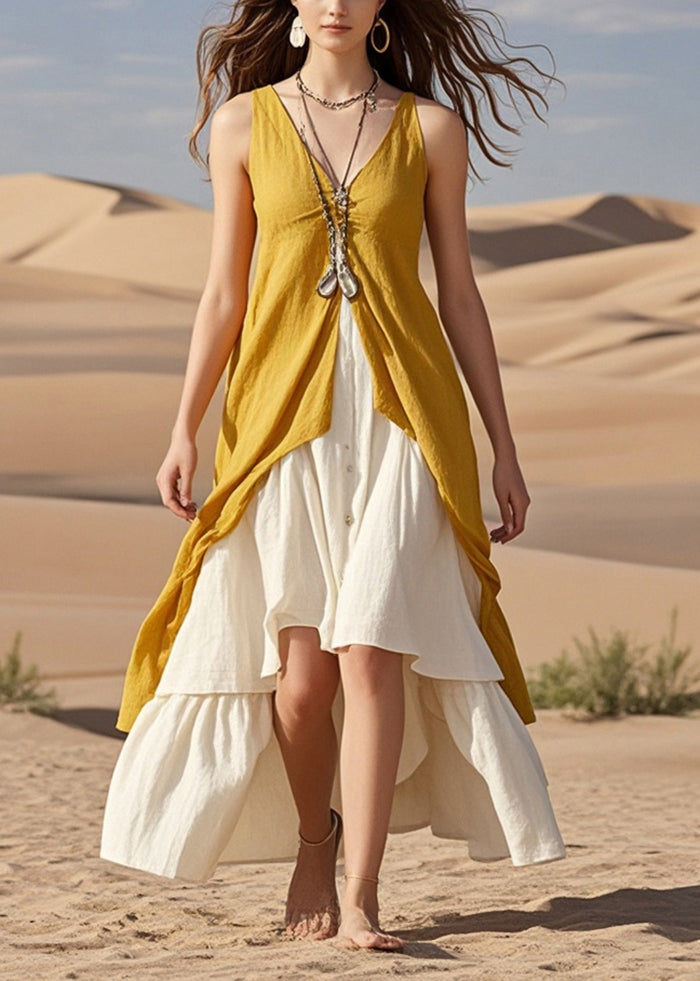 Chic Yellow Asymmetrical Patchwork Cotton Beach Dresses Summer