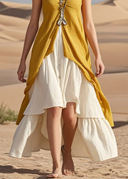 Chic Yellow Asymmetrical Patchwork Cotton Beach Dresses Summer