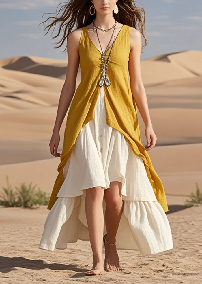 Chic Yellow Asymmetrical Patchwork Cotton Beach Dresses Summer