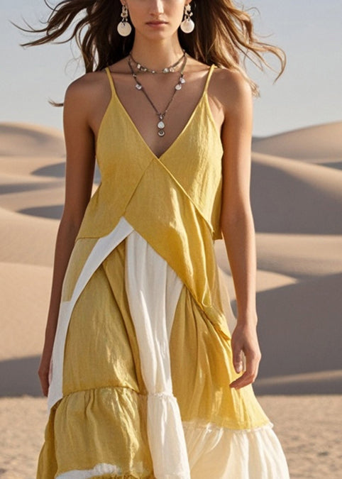 Chic Yellow Asymmetrical Patchwork Cotton Spaghetti Strap Dress Summer