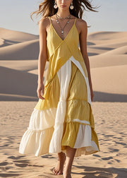 Chic Yellow Asymmetrical Patchwork Cotton Spaghetti Strap Dress Summer