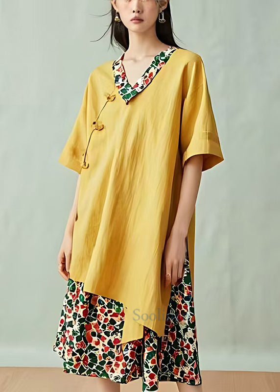 Chic Yellow Asymmetrical Patchwork Print Cotton Vacation Dresses Summer