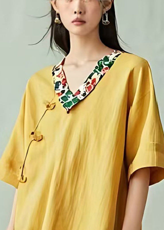 Chic Yellow Asymmetrical Patchwork Print Cotton Vacation Dresses Summer
