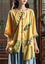 Chic Yellow Asymmetrical Patchwork Wrinkled Linen Shirt Summer