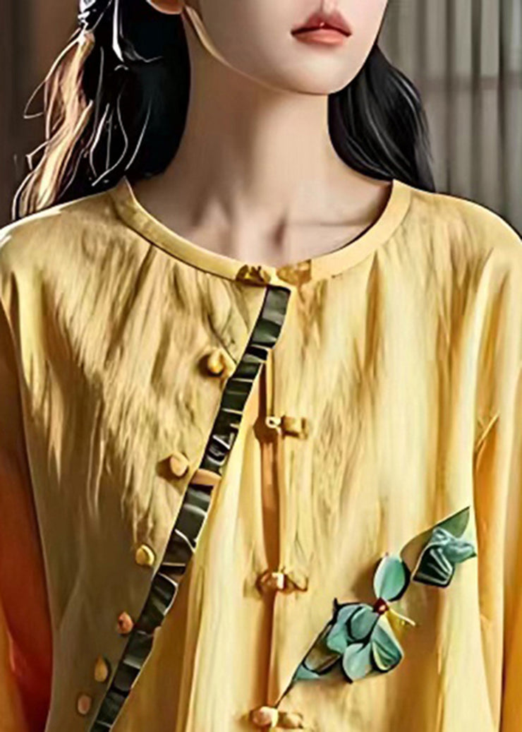 Chic Yellow Asymmetrical Patchwork Wrinkled Linen Shirt Summer