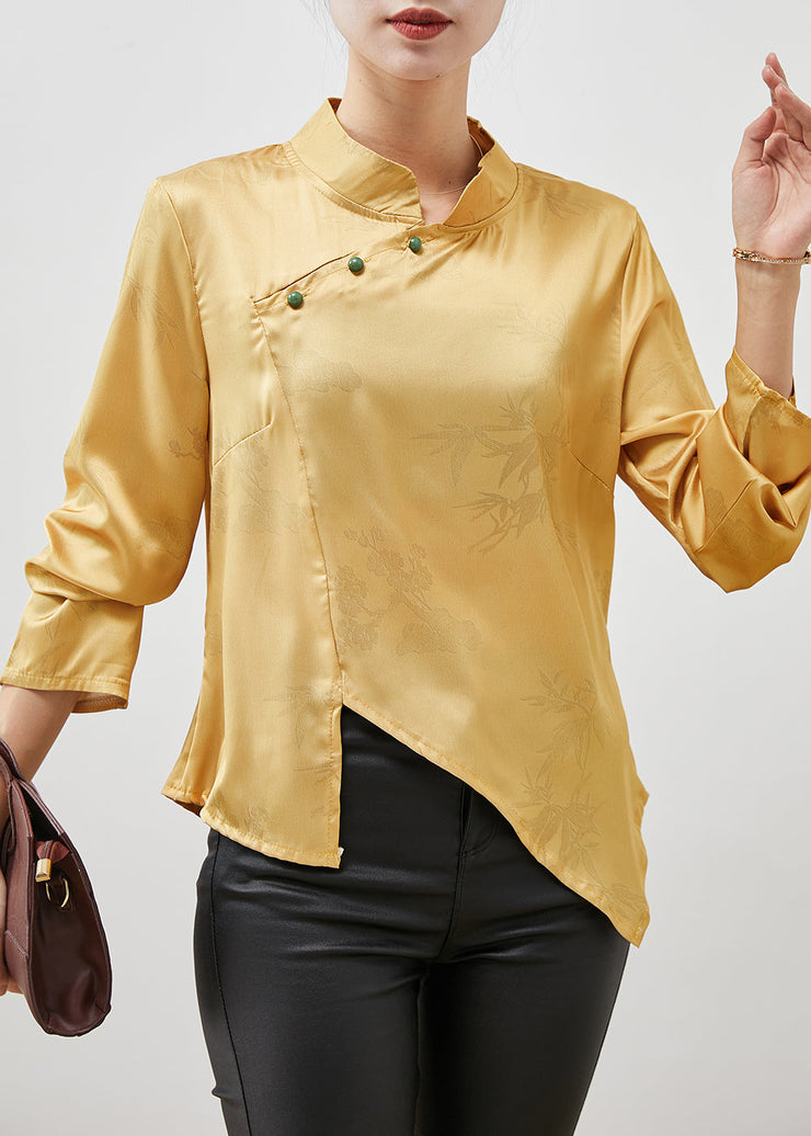 Chic Yellow Asymmetrical Silm Fit Silk Shirt Spring