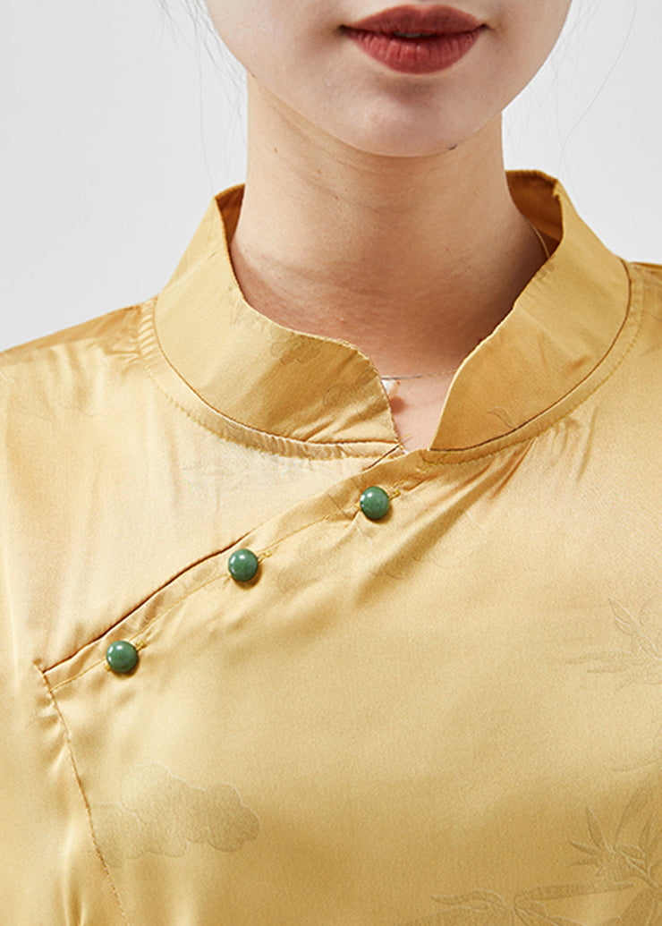 Chic Yellow Asymmetrical Silm Fit Silk Shirt Spring