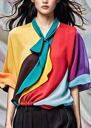 Chic Yellow Bow Wrinkled Patchwork Chiffon Shirt Summer