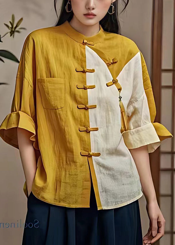 Chic Yellow Button Pockets Patchwork Cotton Shirt Flare Sleeve