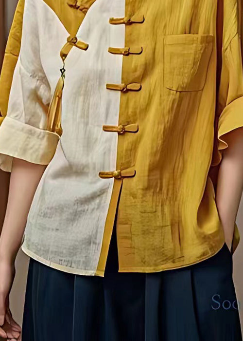 Chic Yellow Button Pockets Patchwork Cotton Shirt Flare Sleeve