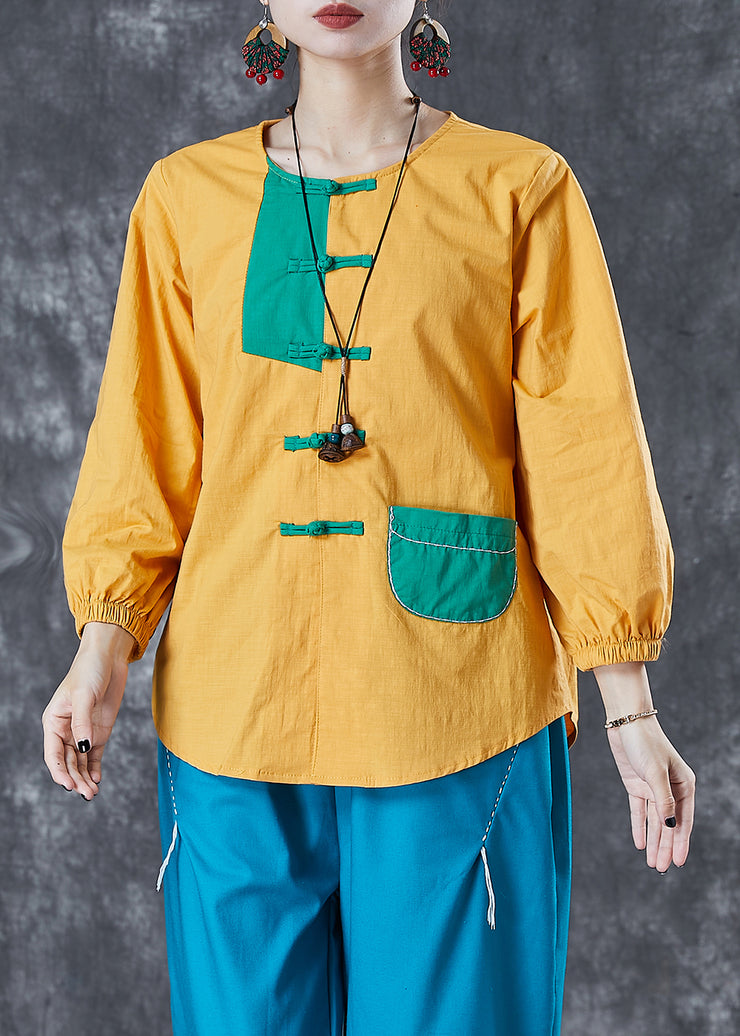 Chic Yellow Chinese Button Patchwork Linen Shirt Top Summer