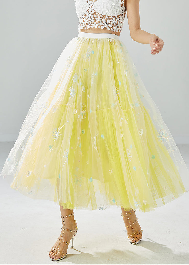 Chic Yellow Dandelion Embroidered Wear On Both Sides Tulle Skirts Summer