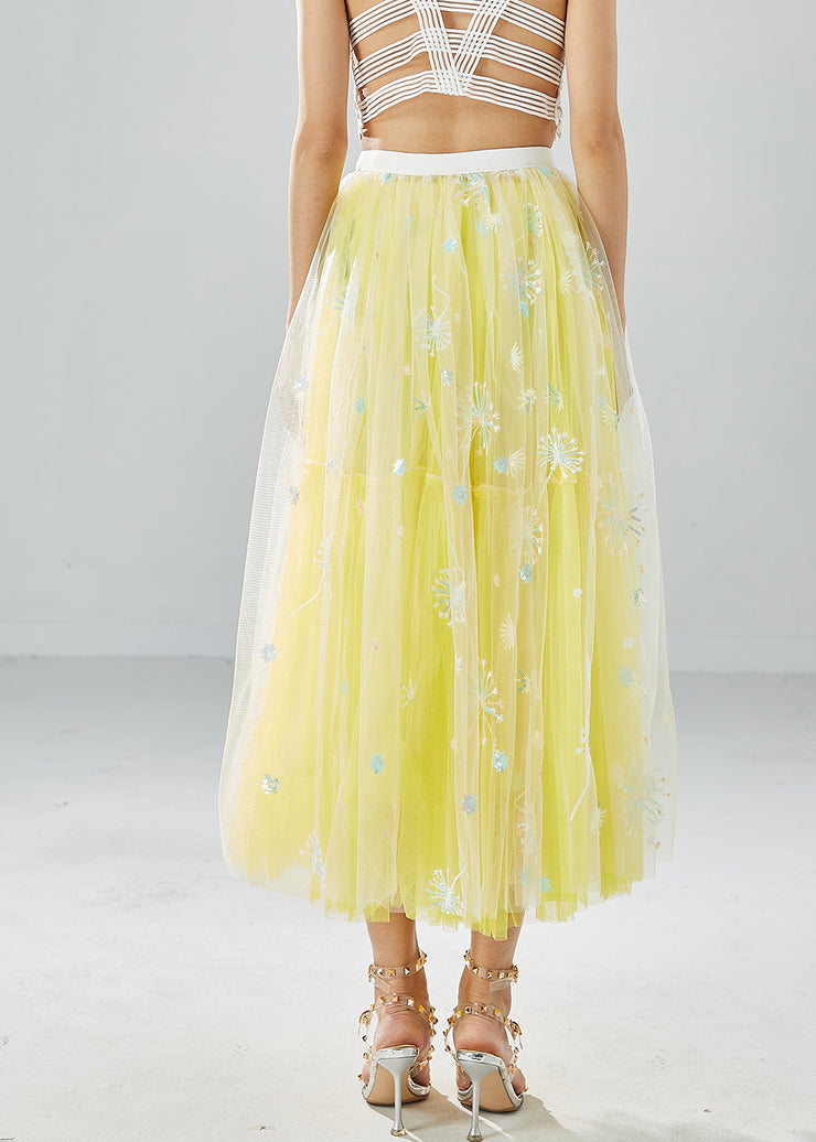 Chic Yellow Dandelion Embroideried Wear On Both Sides Tulle Skirts Summer