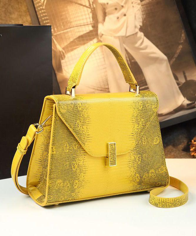 Chic Yellow Embossed Durable Calf Leather Tote Handbag