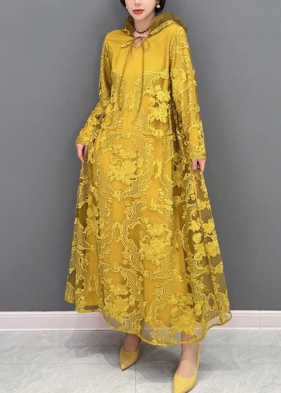 Chic Yellow Embroideried Neck Tie Tulle Maxi Dresses Long Sleeve