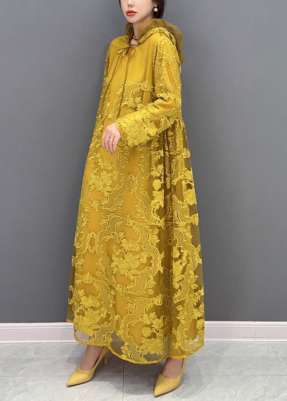 Chic Yellow Embroideried Neck Tie Tulle Maxi Dresses Long Sleeve