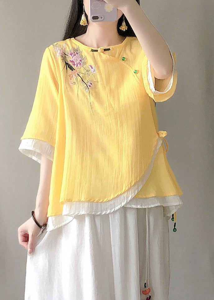 Chic Yellow Embroideried Patchwork Linen Shirt Tops Summer