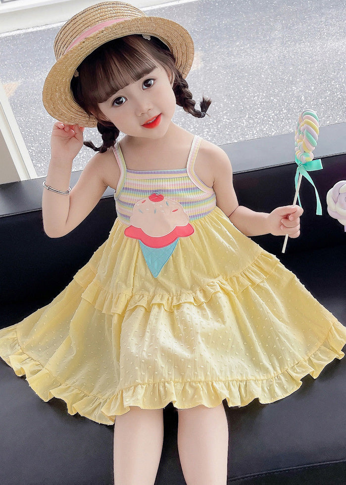 Chic Yellow Embroidered Ruffled Patchwork Girls Slip Mid Dress Sleeveless