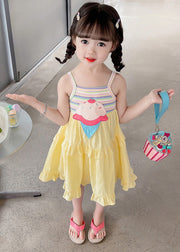 Chic Yellow Embroidered Ruffled Patchwork Girls Slip Mid Dress Sleeveless