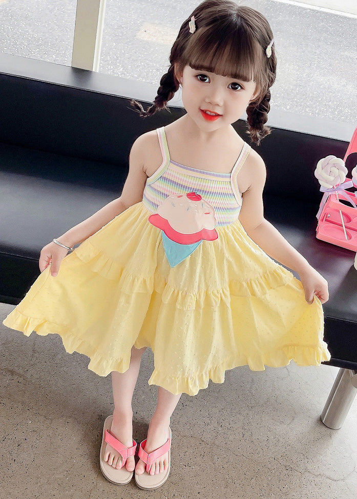 Chic Yellow Embroidered Ruffled Patchwork Girls Slip Mid Dress Sleeveless