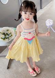 Chic Yellow Embroidered Ruffled Patchwork Girls Slip Mid Dress Sleeveless