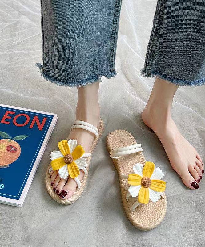 Chic Yellow Floral Splicing Peep Toe Slide Sandals