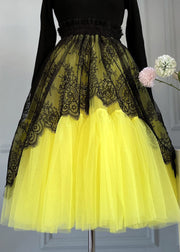 Chic Yellow Lace Elastic Waist Patchwork Tulle Skirts Summer